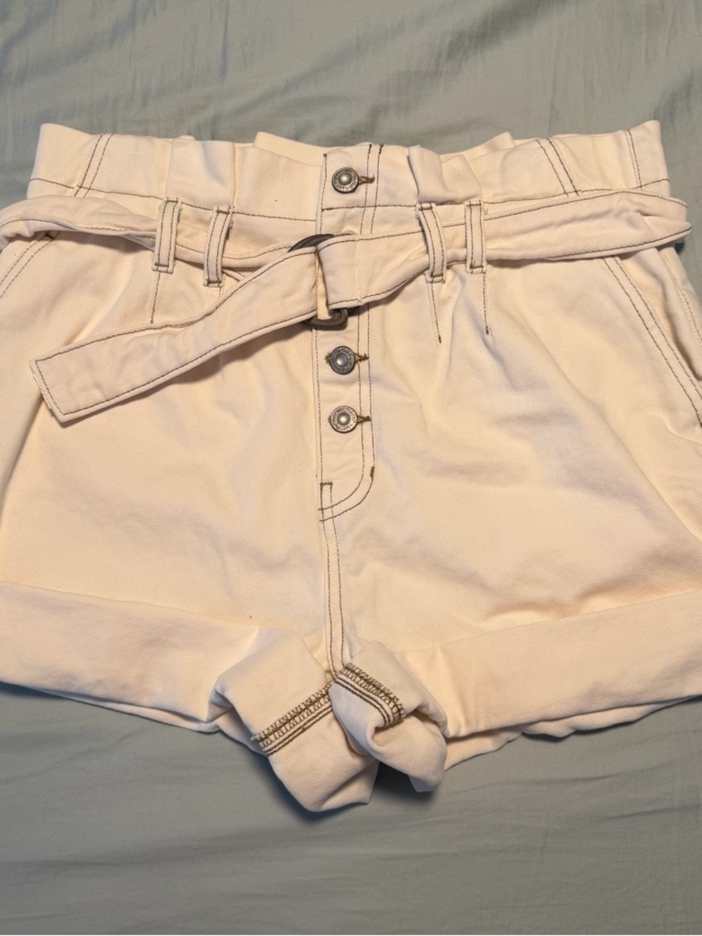 Free People Cindy Utility Shorts White Denim Belted Paper Bag Waist Cotton Sz 6